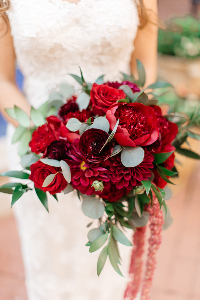 maroon floral bouquet from flowers by lesley mission inn wedding