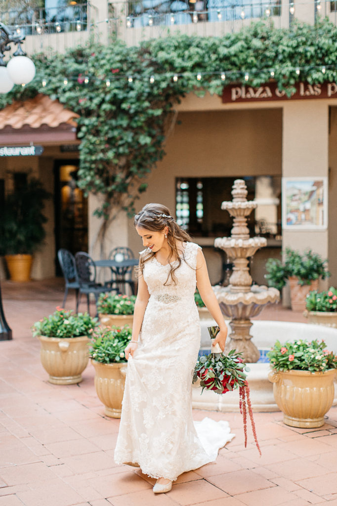 bride in the courtyard at mission inn wedding