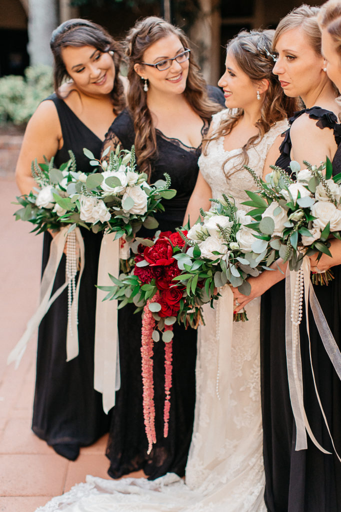 bridesmaid florals in black bridesmaid dresses mission inn wedding