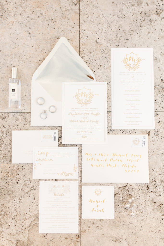 full wedding invitation suite from do tell calligraphy and design white and gold 