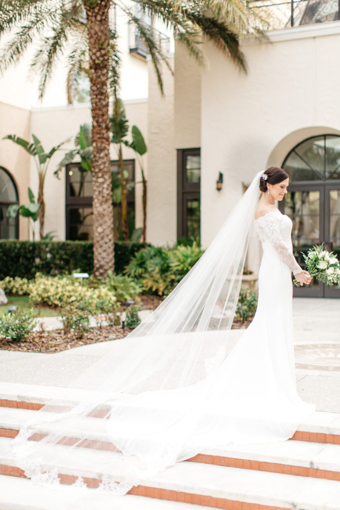 bride portrait with cathedral veil at her alfond inn wedding ceremony