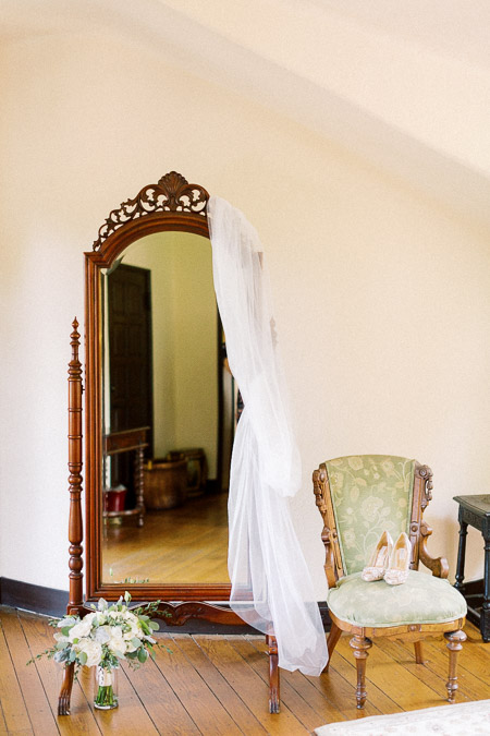 Bridal details with veil shoes and flowers at Casa Feliz Wedding Venue
