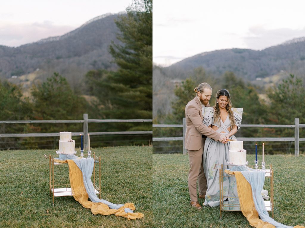 couple cutting cake in the North Carolina mountains casie marie photography
