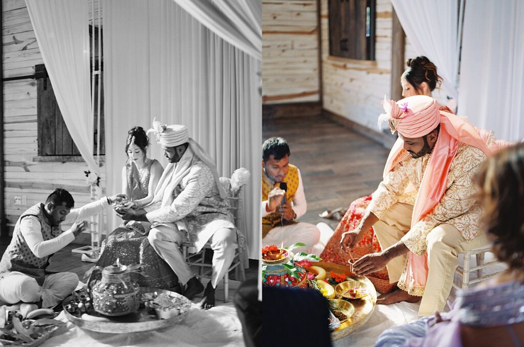 Bride and groom during Indian wedding ceremony at The Kinsleeshop Farm, photographed by North Carolina Wedding Photographer, Casie Marie Photography