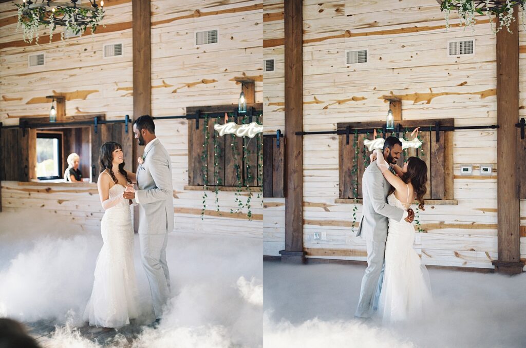 Bride and Groom during their first dance, dancing on a cloud at their Kinsleeshop Farm Wedding, captured by North Carolina Wedding Photographer, Casie Marie Photography