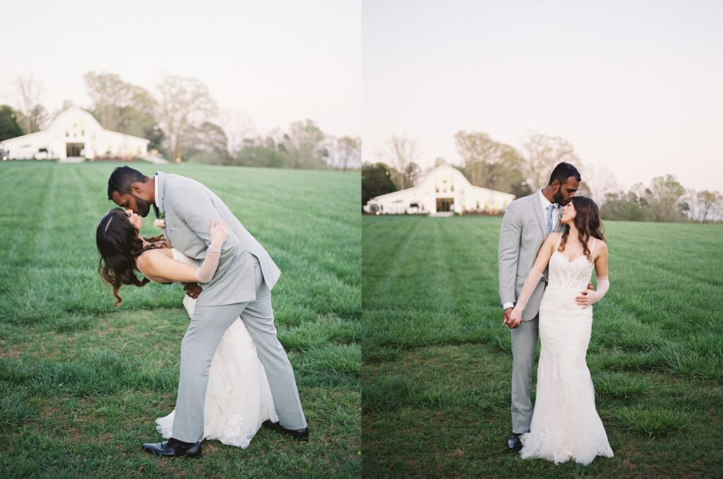 Bride and groom sunset portraits at their Kinsleeshop Farm Wedding, captured by North Carolina Wedding Photographer, Casie Marie Photography
