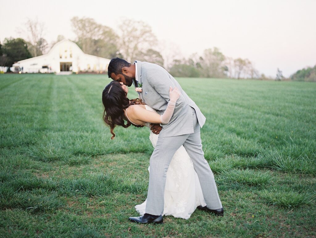 Bride and groom sunset portraits at their Kinsleeshop Farm Wedding, captured by North Carolina Wedding Photographer, Casie Marie Photography