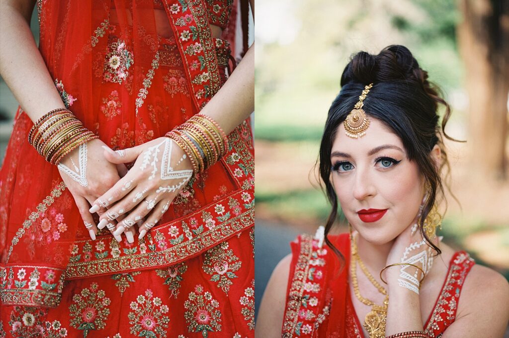 Indian Bride Wedding Portraits in red lehenga at Kinsleeshop Farm Wedding
