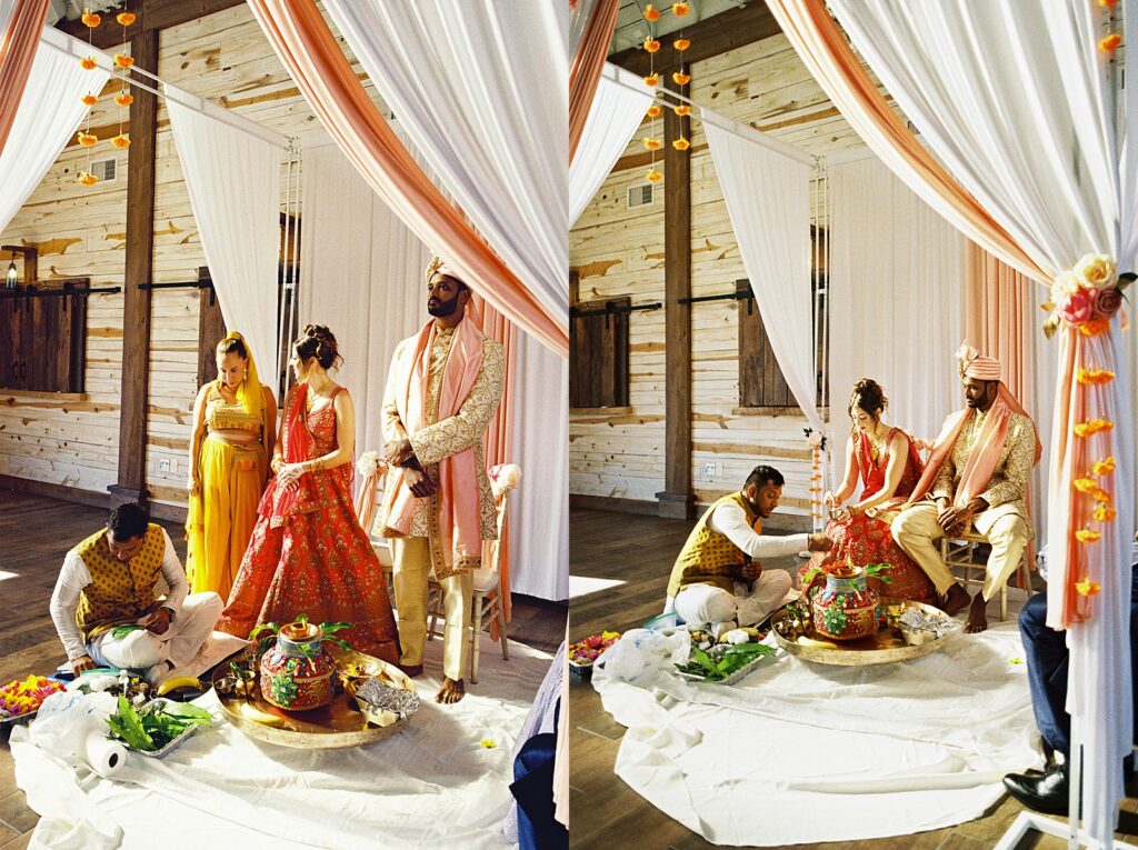 Bride and groom during Indian wedding ceremony at The Kinsleeshop Farm, photographed by North Carolina Wedding Photographer, Casie Marie Photography