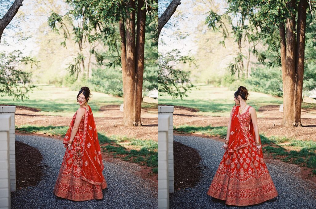 Indian Bride Portraits in red lehenga at Kinsleeshop Farm Wedding