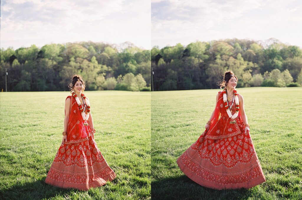 Bride in Indian Lehenga wedding portraits at The Kinsleeshop Farm, photographed by North Carolina Wedding Photographer, Casie Marie Photography