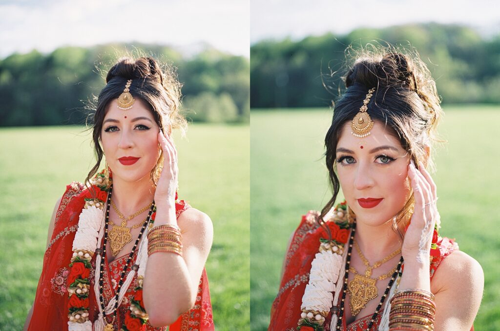 Bride in Indian Lehenga wedding portraits at The Kinsleeshop Farm, photographed by North Carolina Wedding Photographer, Casie Marie Photography