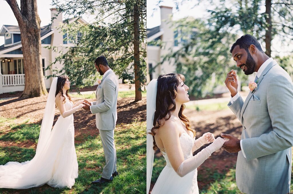 Bride and groom first look before their Kinsleeshop Farm Wedding, captured by North Carolina Wedding Photographer, Casie Marie Photography