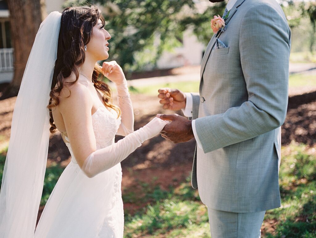 Bride and groom first look before their Kinsleeshop Farm Wedding, captured by North Carolina Wedding Photographer, Casie Marie Photography