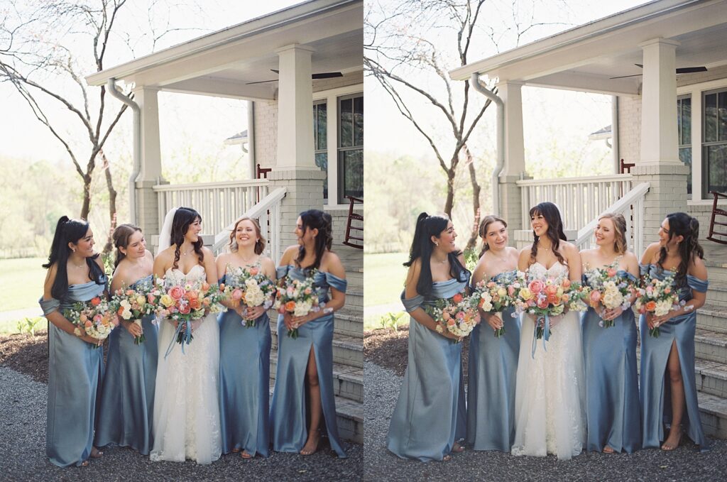 Bride with her bridesmaids in blue Kinsleeshop Farm Wedding, captured by North Carolina Wedding Photographer, Casie Marie Photography