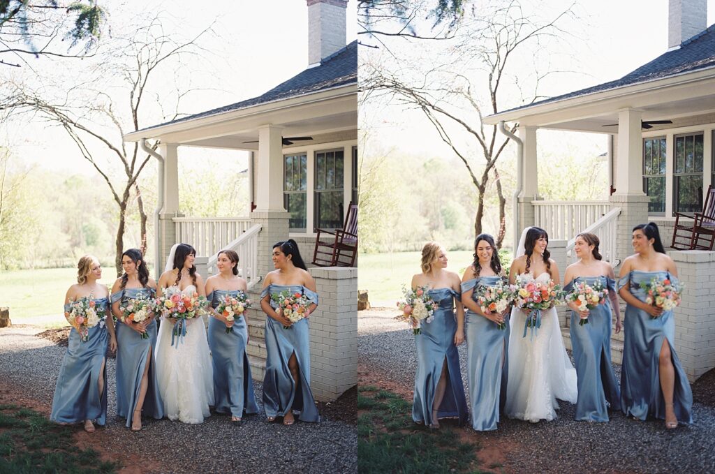 Bride with her bridesmaids in blue Kinsleeshop Farm Wedding, captured by North Carolina Wedding Photographer, Casie Marie Photography