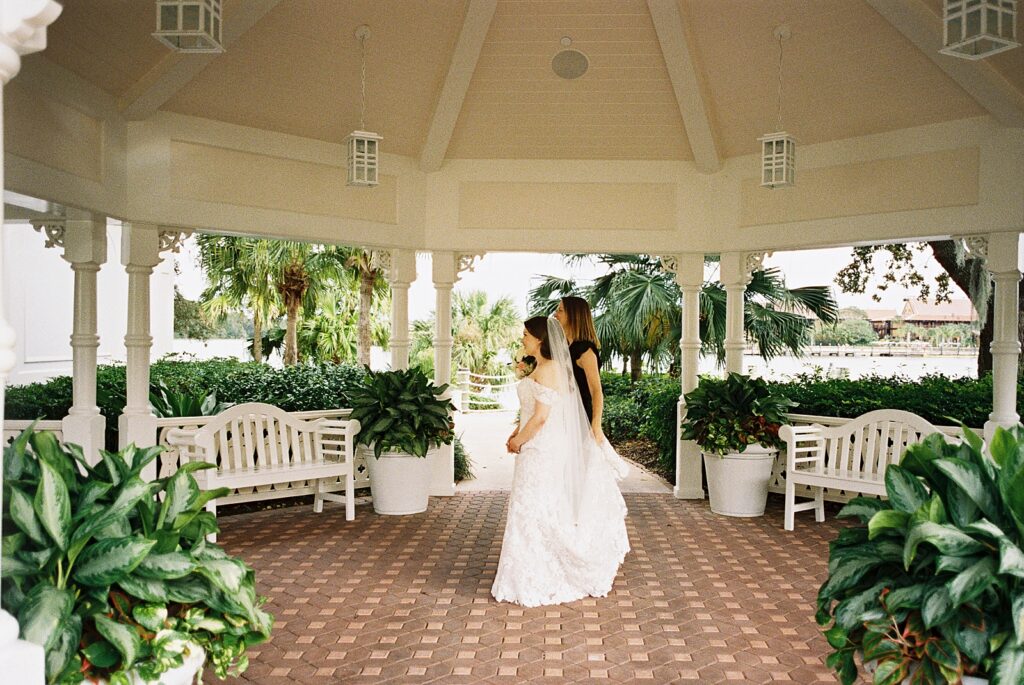 Candid Bridal Portraits before the ceremony at Disney’s Wedding Pavilion captured by Disney wedding photographer Casie Marie Photography