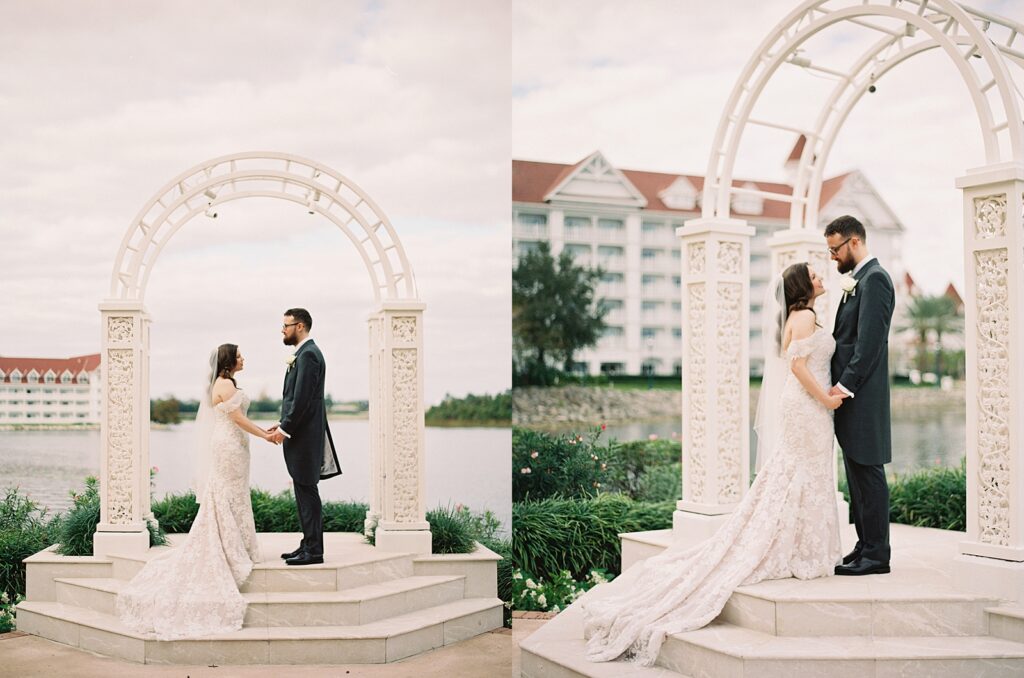 Bride and groom portraits at Picture Point at Disney's Wedding Pavilion captured by Walt Disney World wedding photographer Casie Marie Photography