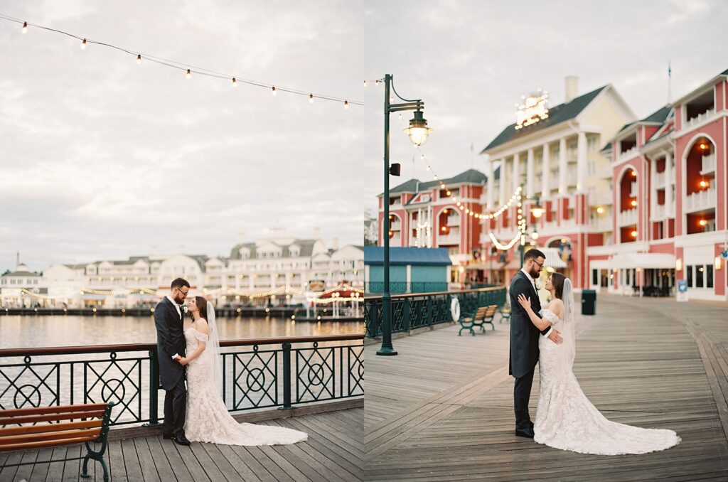 Intimate bride and groom portraits at Disneys Boardwalk Resort photographed by disney wedding photographer, Casie Marie Photography
