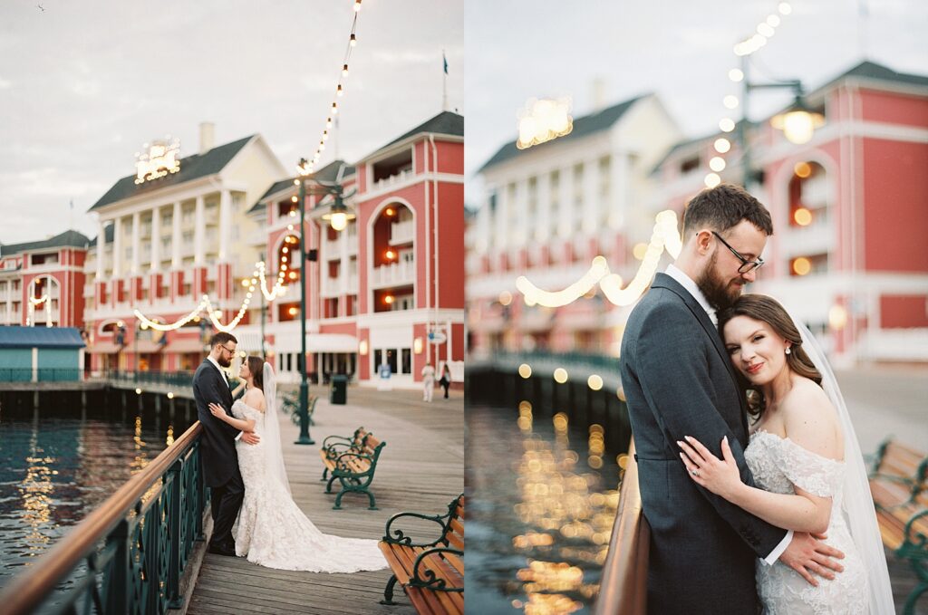 Intimate bride and groom portraits under the market lights at Disneys Boardwalk Resort photographed by disney wedding photographer, Casie Marie Photography