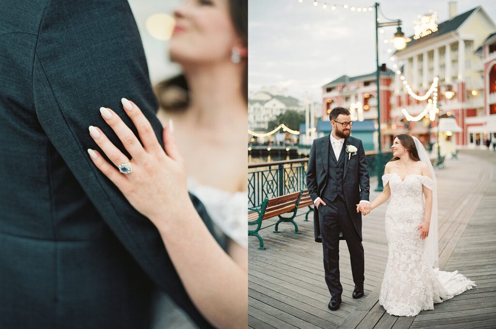 Intimate bride and groom portraits at Disneys Boardwalk Resort photographed by disney wedding photographer, Casie Marie Photography