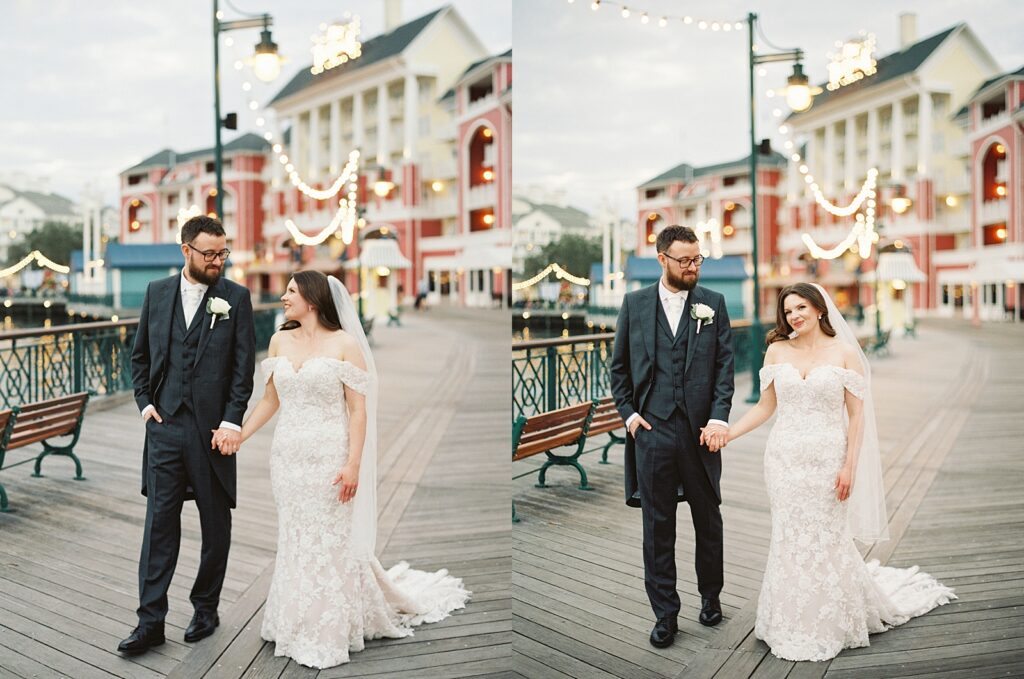 Intimate bride and groom portraits at Disneys Boardwalk Resort photographed by disney wedding photographer, Casie Marie Photography