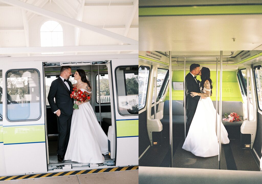 Bride and Groom photos on the monorail to their reception captured by Walt Disney World wedding photographer Casie Marie Photography