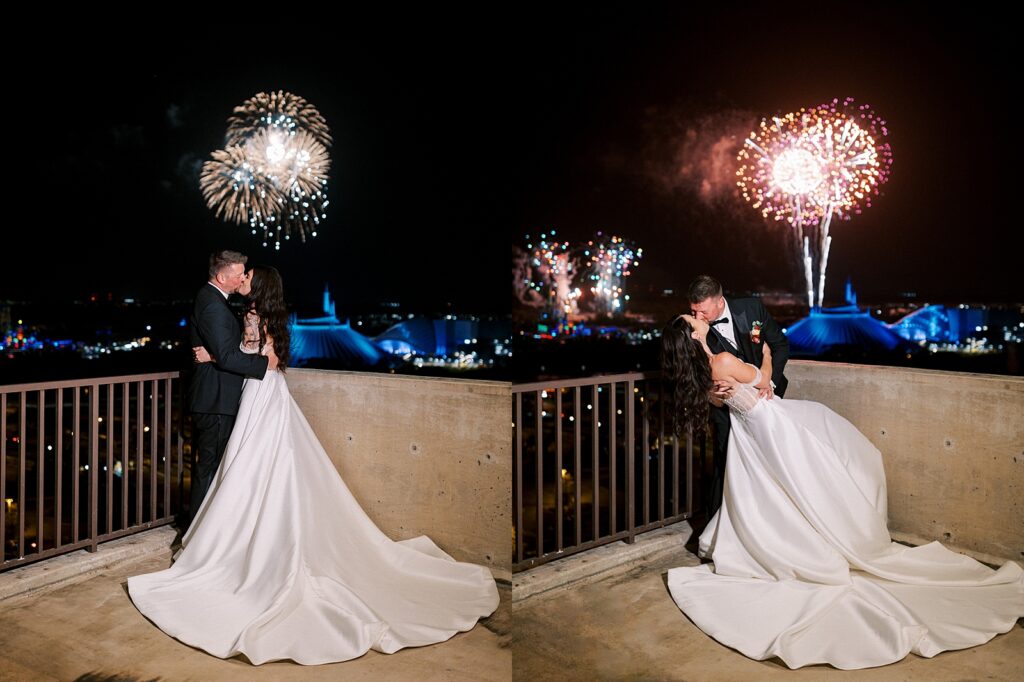 Bride and Groom private fireworks view at Disneys Contemporary Resort, photographed by Walt Disney World wedding photographer Casie Marie Photography