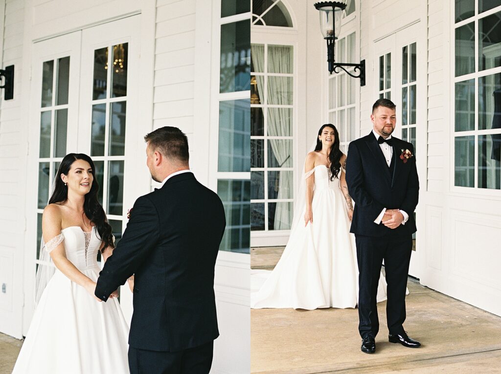 Bride and groom first look at Disney’s Grand Floridian captured by Walt Disney World wedding photographer Casie Marie Photography