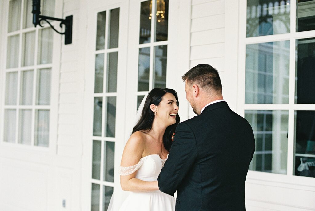 Bride and groom first look at Disney’s Grand Floridian captured by Walt Disney World wedding photographer Casie Marie Photography