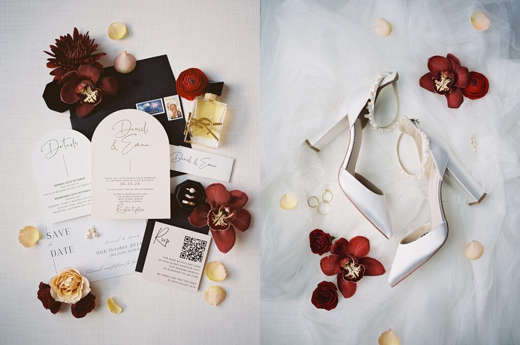 Flatlay of wedding invitation suite and accessories by Disney Wedding Photographer Casie Marie Photography at Walt Disney World