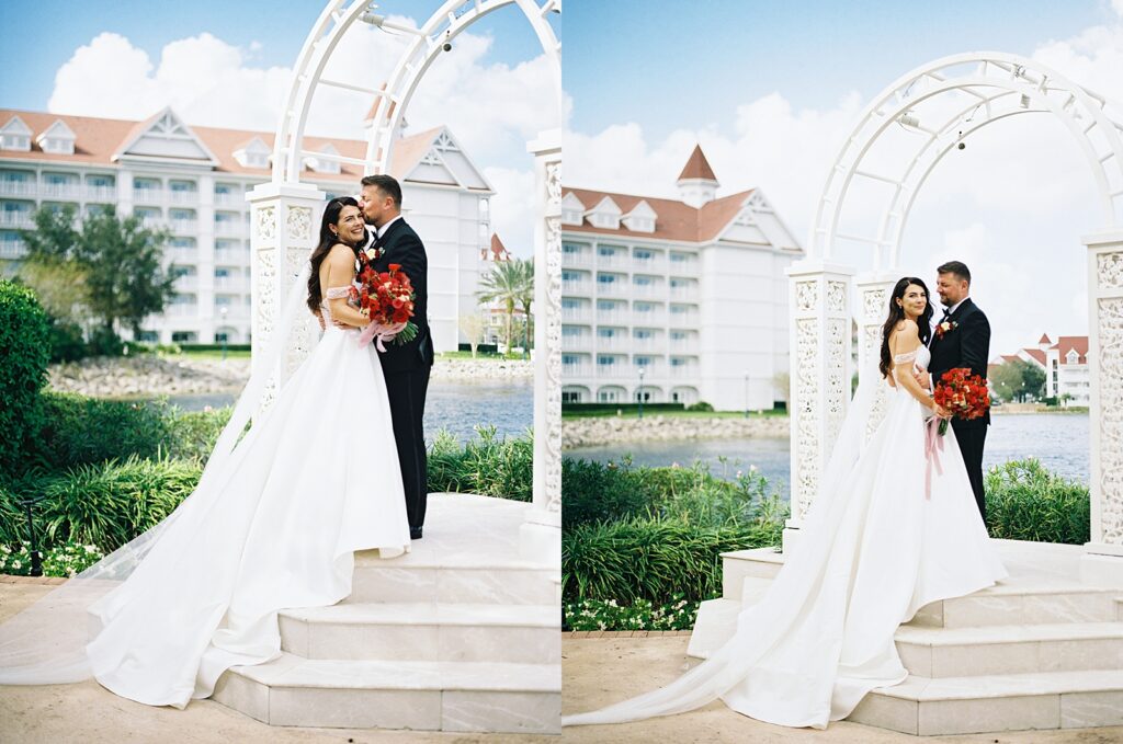 Bride and groom together at Picture Point at Disneys Wedding Pavilion captured by Walt Disney World wedding photographer Casie Marie Photography