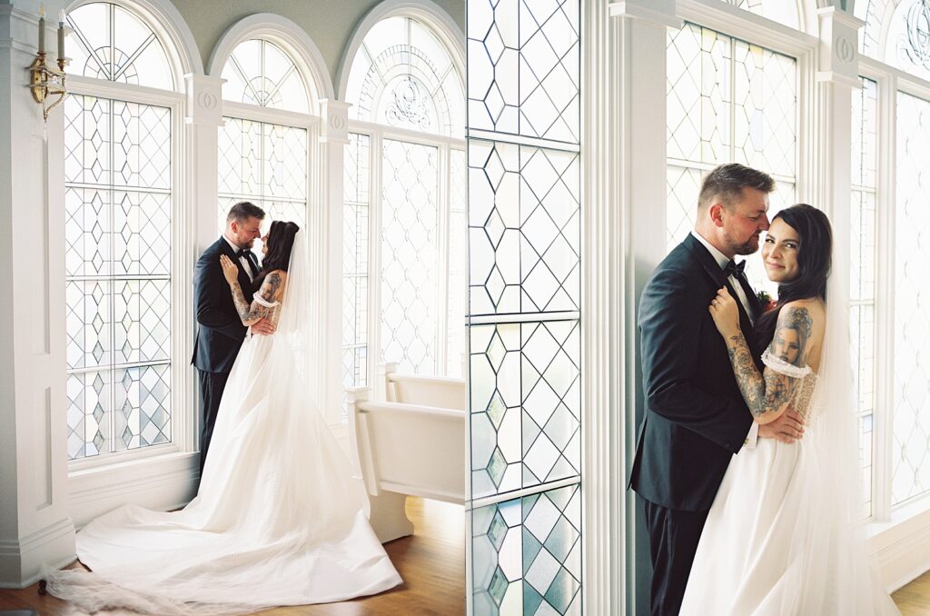 Bride and groom portraits inside Disneys Wedding Pavilion captured by Walt Disney World wedding photographer Casie Marie Photography