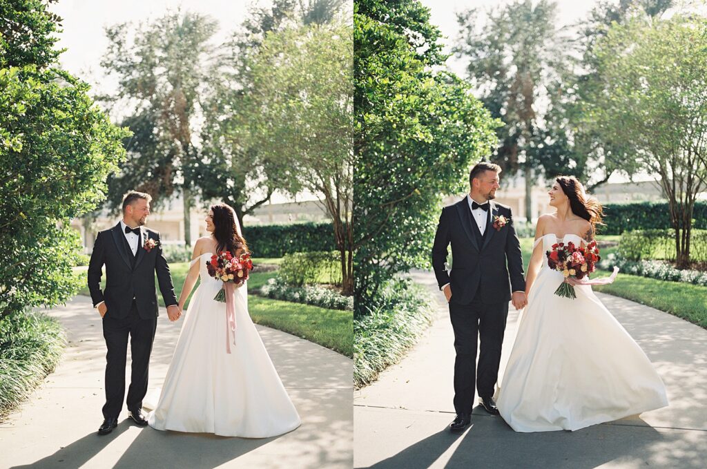 Bride and groom on their way to cocktail hour at Disneys Grand Floridian, captured by Walt Disney World wedding photographer Casie Marie Photography