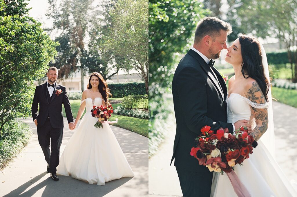 Bride and groom on their way to cocktail hour at Disneys Grand Floridian, captured by Walt Disney World wedding photographer Casie Marie Photography