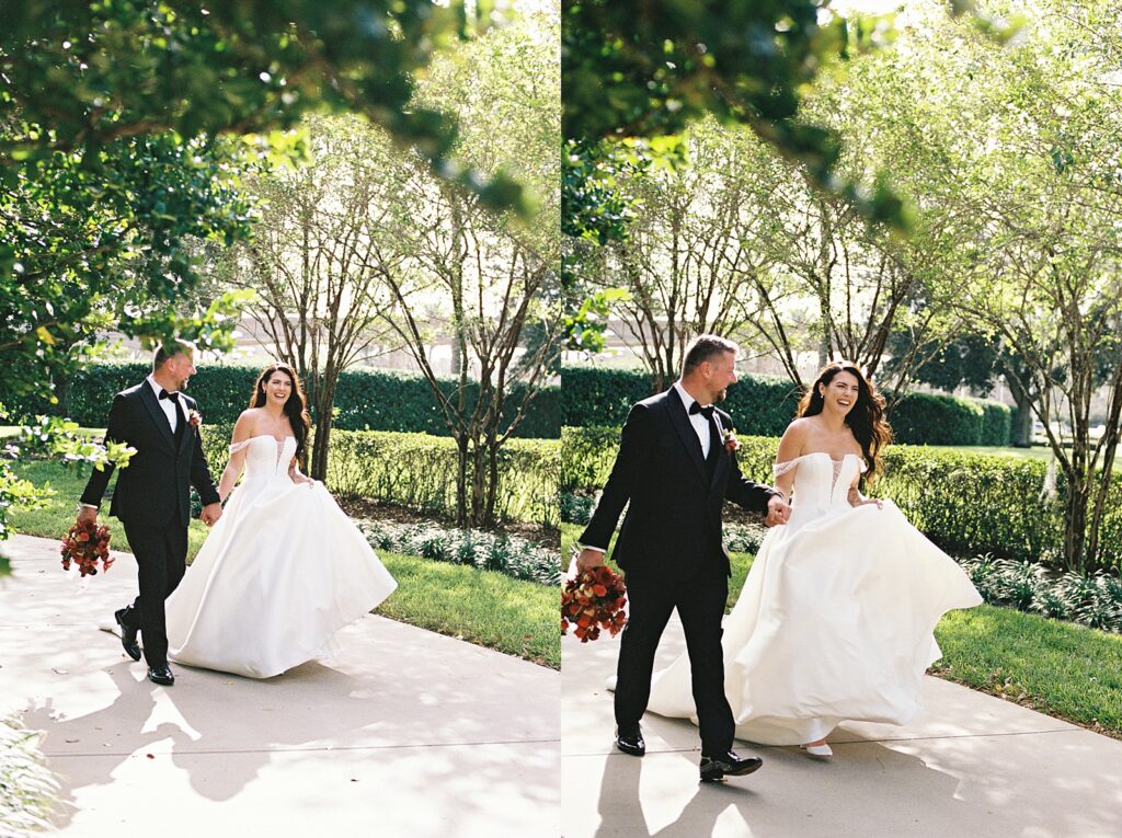 Bride and groom portraits on their way to cocktail hour at Disneys Grand Floridian, captured by Walt Disney World wedding photographer Casie Marie Photography
