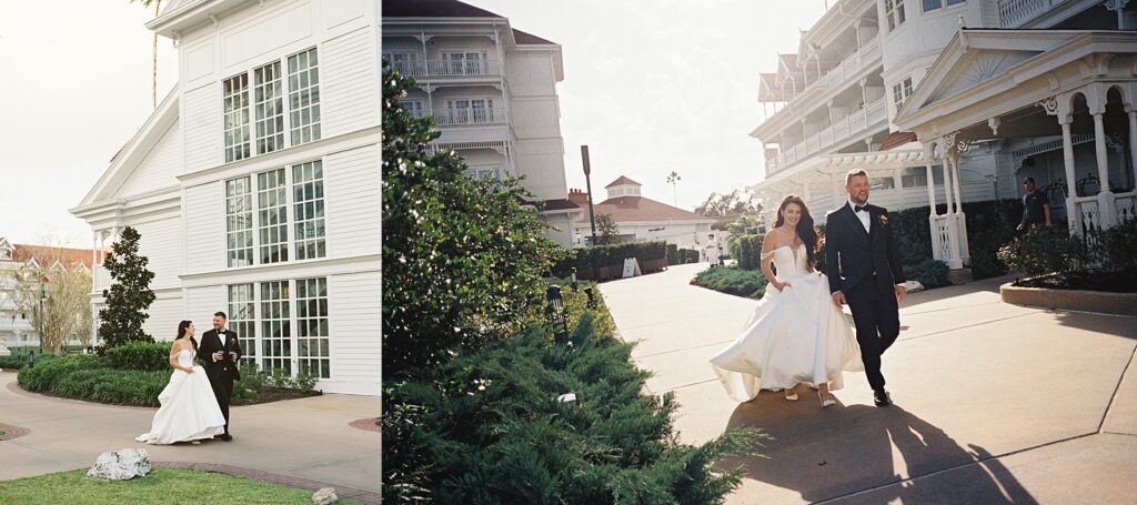 Bride and groom on their way to cocktail hour at Disneys Grand Floridian, captured by Walt Disney World wedding photographer Casie Marie Photography