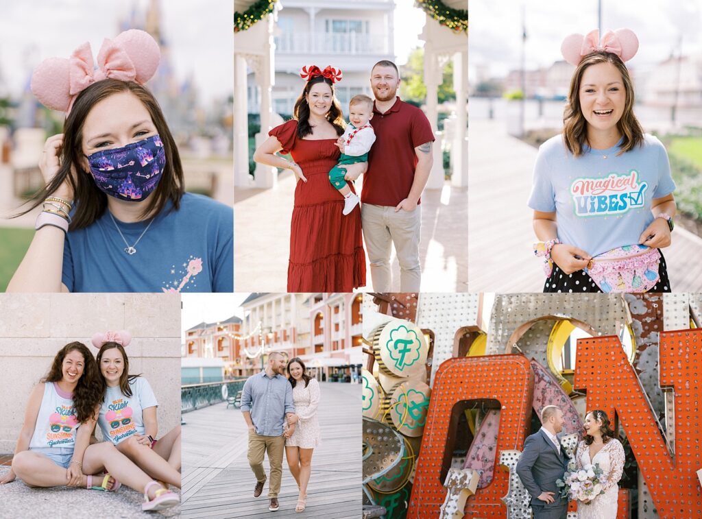 A collage of joyful moments at a theme park, including individuals wearing festive headbands, a couple walking along a waterfront, and a couple posing in formal attire in front of retro-style decorations.