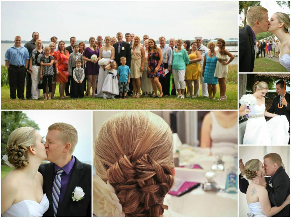 A collage of photos from the first wedding I ever photographed. Highlights include a large group photo outdoors near water, intimate moments of the bride and groom kissing, a close-up of the bride holding a bouquet with an older gentleman, and a detailed shot of the bride’s intricate braided hairstyle. The images capture the joy and elegance of the special day