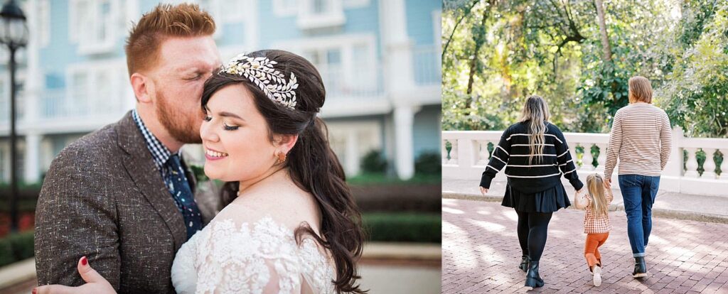 A tender moment between a couple dressed in wedding attire, with a light blue building in the background, alongside a family walking hand-in-hand on a paved path surrounded by greenery.