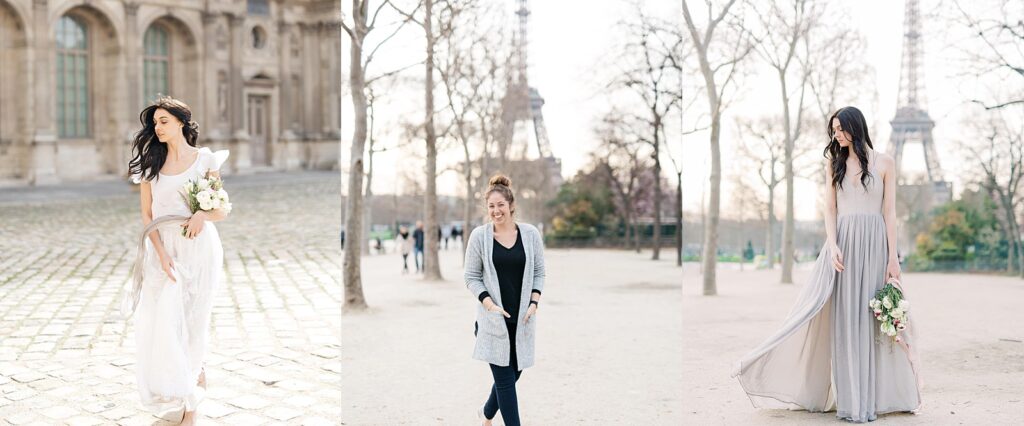Bride in front of the Eiffel Tower in Paris France.