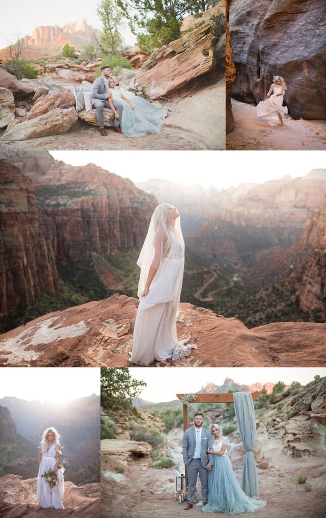A collection of wedding and engagement photos from the Tyler Rye Workshop in Zion National Park, 2016. Scenes include a couple sitting on a rock formation surrounded by greenery, a bride standing against a rocky wall, a bride on a cliff with a vast canyon landscape, a bride holding a bouquet on a rocky ledge at sunset, and a couple under a wooden arch draped with light blue fabric. The images highlight the natural beauty of Zion's red rock formations and the romantic ambiance of the setting.