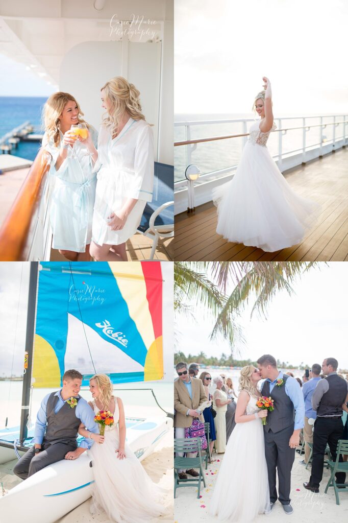 A collection of photos from the first Disney wedding I photographed in 2016 aboard the Disney Magic Cruise Ship. Highlights include a bride spinning joyfully on the ship deck, a bride and bridesmaid getting ready with drinks on a balcony overlooking the ocean, a wedding photo of the bride and groom on a colorful sailboat at Castaway Cay, and a romantic beach wedding moment with palm trees and guests in the background. The images capture the magic and romance of a Disney destination wedding.