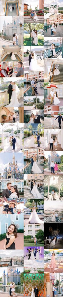 A collage of romantic and celebratory moments at the Walt Disney World Resorts featuring couples in picturesque settings, including Magic Kingdom, Resorts, and waterfronts. Highlights include wedding attire, a carousel, and fireworks, evoking themes of love and joy.