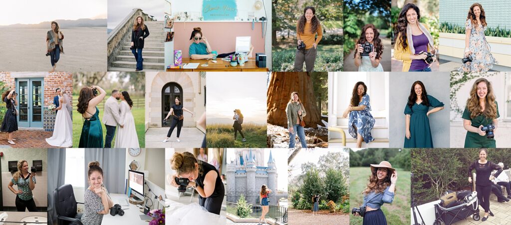 Celebrating 15 Years of Casie Marie Photography, a collage of images featuring photographer, Casie Elton, throughout the last 15 years of her business holding cameras and posing for images