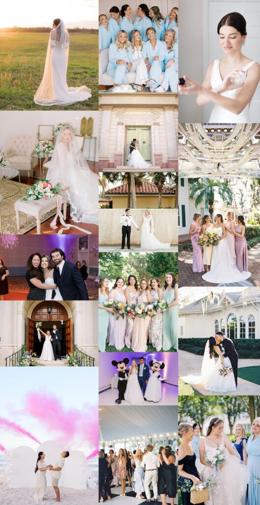 A collage of wedding moments capturing the beauty and joy of celebrations. Highlights include a bride at sunset, bridesmaids in pastel dresses, a couple kissing in front of a grand building, a bridal bouquet, and a reception with dancing under string lights. The images showcase elegant venues, outdoor settings, and timeless wedding traditions.