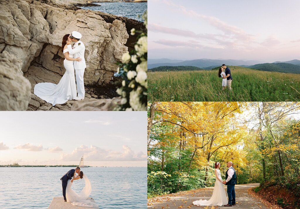 A collage of destination wedding photography featuring couples in stunning locations around the world. Scenes include a couple on rocky terrain by the sea in Cassis France, a grassy field with mountains in Asheville North Carolina, a lakeside pier with a sailboat in Key West Florida, and a tree-lined path with autumn foliage in North Georgia. Each photo captures romantic and picturesque moments.
