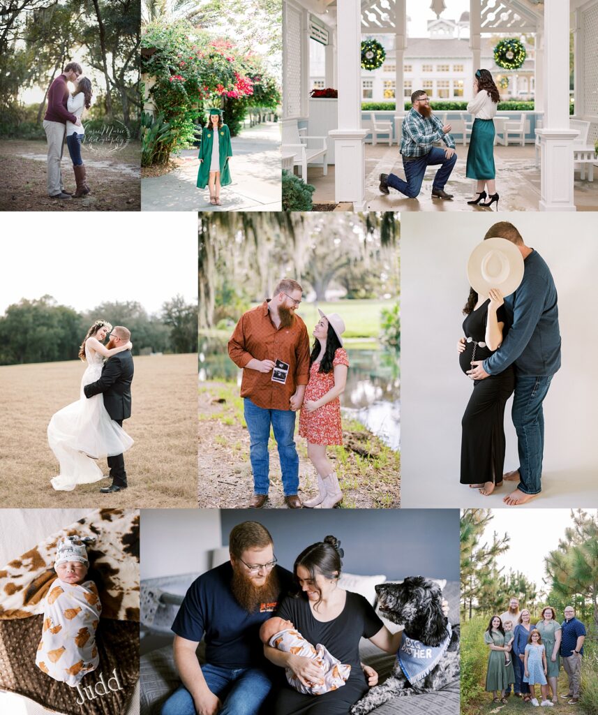A collage of life milestones for Cassidy and Kylor Stumbo, captured from 2015 to now. Highlights include their engagement, wedding, pregnancy announcement, newborn photos, and family portraits. The images showcase moments like a proposal on a porch, a couple holding an ultrasound photo by a pond, a newborn wrapped in a blanket, and a family portrait in a wooded area. Each photo reflects love, growth, and cherished memories.