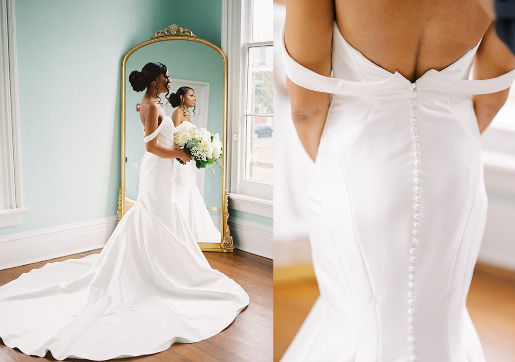 timeless black bride getting ready portriats Merrimon-Wynne house wedding photographed by Casie Marie Photography