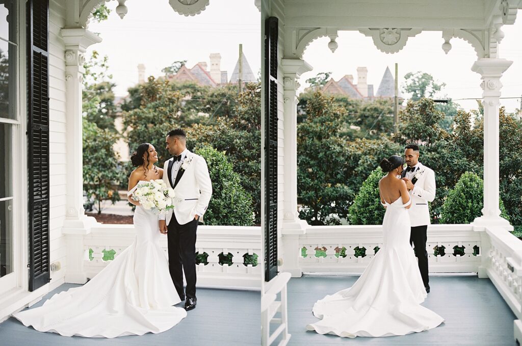 Front porch bride and groom portraits Merrimon-Wynne house wedding photographed by Casie Marie Photography